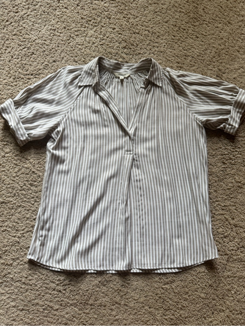 Max Studio Taupe and White Stripe Short Sleeve Popover Blouse